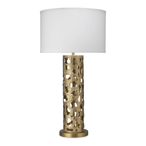 Firenze Table Lamp by Jamie Young Company with gold leaf finish, featuring a classic design and a textured ceramic base.
