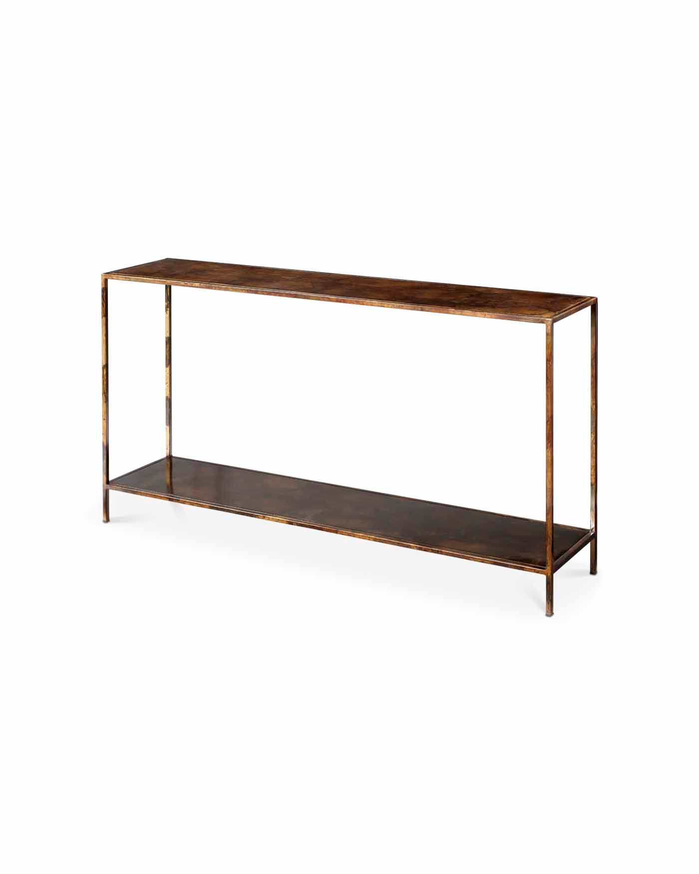 A rustic metal console table with a dark brown wood-look top and bottom shelf, supported by a distressed bronze-finished frame, shown on a solid white background.