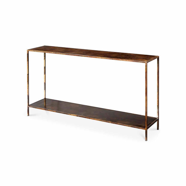 A rustic metal console table with a dark brown wood-look top and bottom shelf, supported by a distressed bronze-finished frame, shown on a solid white background.