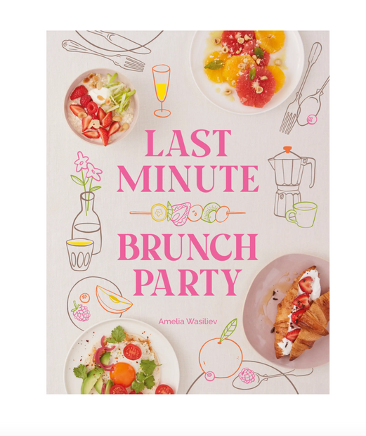 Book cover of 'Last Minute Brunch Party' with illustrations of food and drinks.
