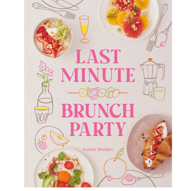Book cover of 'Last Minute Brunch Party' with illustrations of food and drinks.