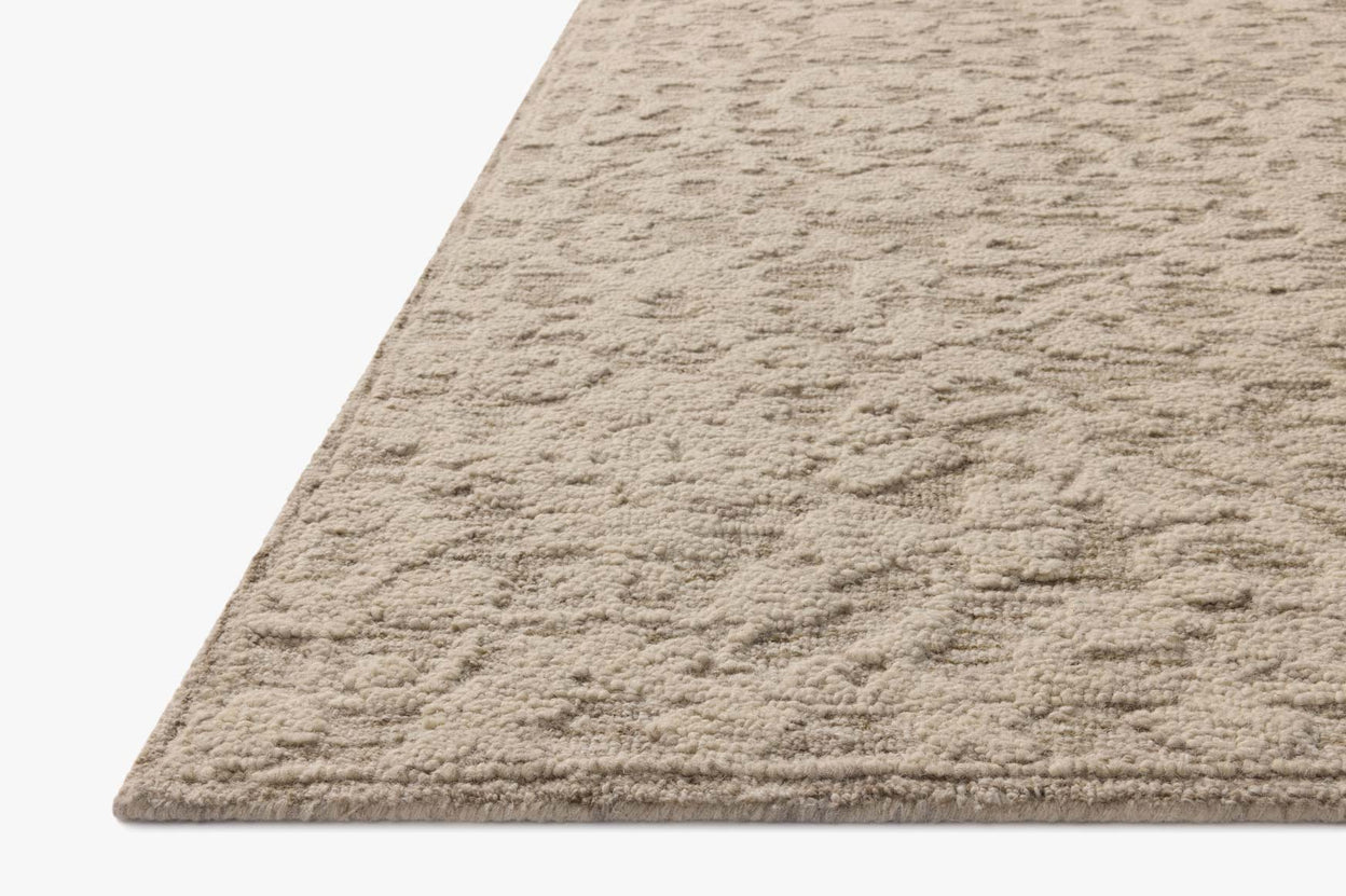 Loloi Prudence area rug in stone and ivory, 9x13 size, featuring intricate pattern and soft woven texture.