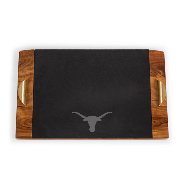 Black cutting board with wooden edges and a logo on a white background longhorn
