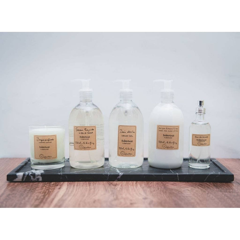 Long black marble display tray from Belle De Provence bath accessories by Lothantique Inc., showcasing an elegant marble surface.