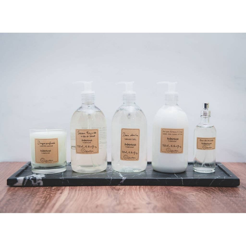 Long black marble display tray from Belle De Provence bath accessories by Lothantique Inc., showcasing an elegant marble surface.