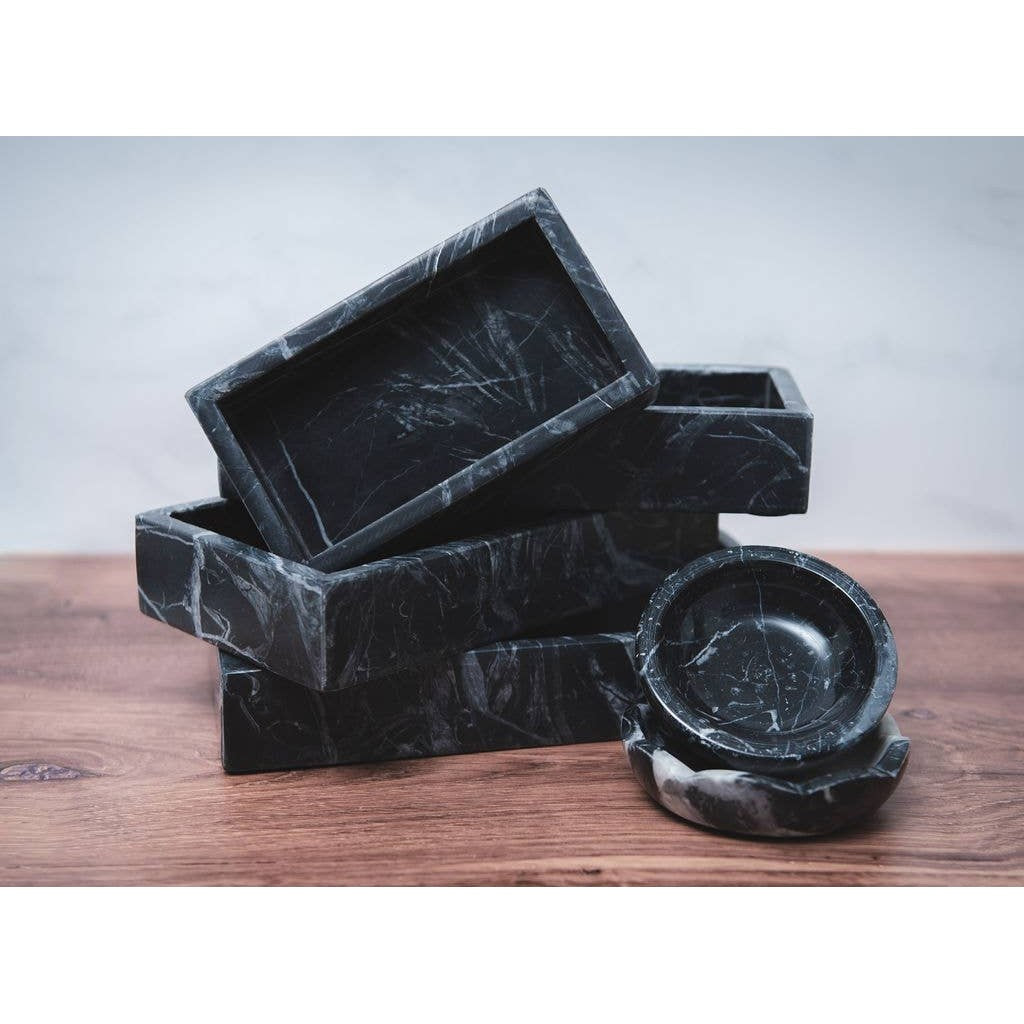 Small black marble tray from Belle de Provence bath accessories by Lothantique Inc., showcasing a sleek, elegant marble surface.