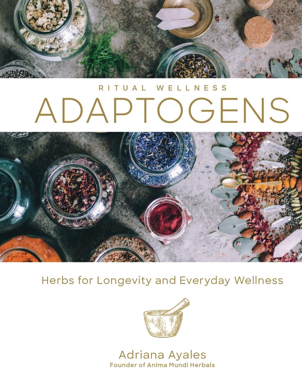 Maaribu Adaptagens book cover featuring a colorful design and title, focusing on adaptogenic herbs and natural health remedies.