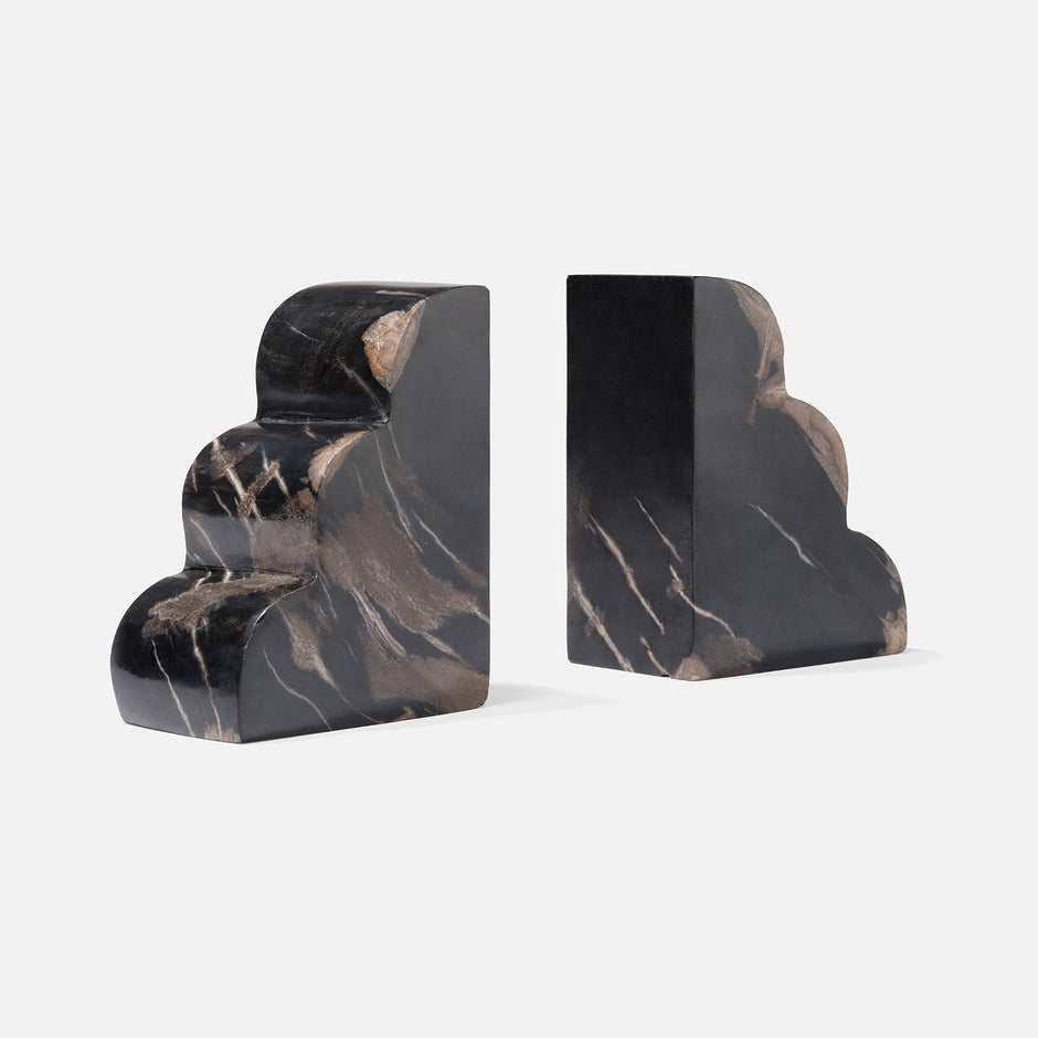 Made Goods Melina bookend set featuring sleek, modern black metal design for stylish book organization on shelves.
