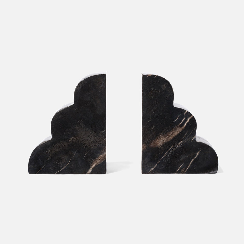 Made Goods Melina Bookend Set featuring modern, sculptural black metal design for stylish book organization.