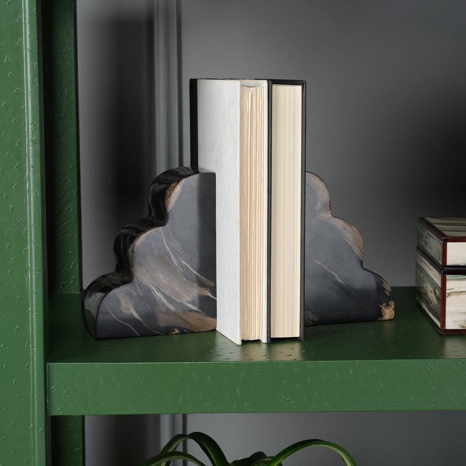 Made Goods Melina Bookend Set featuring stylish, modern black metal bookends with sleek design for organizing books.