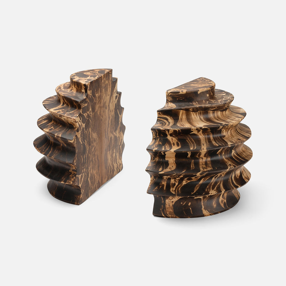 Made Goods Baylor Bookend Set featuring dark mango wood, stylish and modern bookends for organizing books on a shelf.