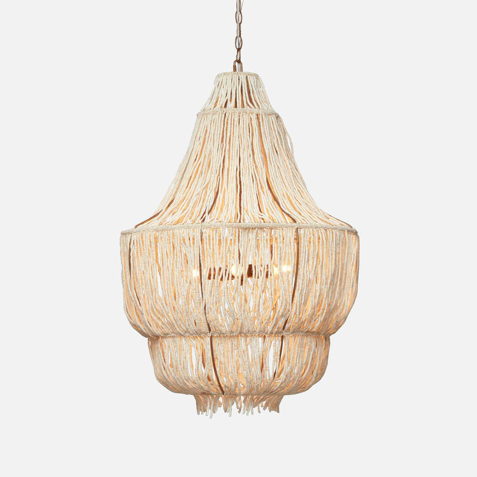 Made Goods Aida Chandelier with layered glass and metal design, featuring multiple light bulbs for elegant lighting.