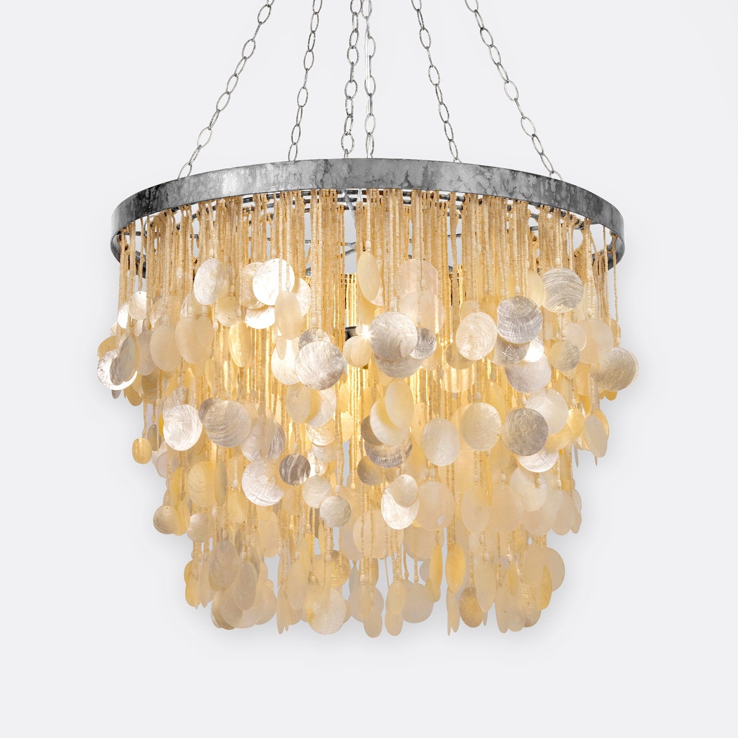 Made Goods Henry Chandelier with multiple glass globes and metal frame, hanging from the ceiling in a modern decor setting.