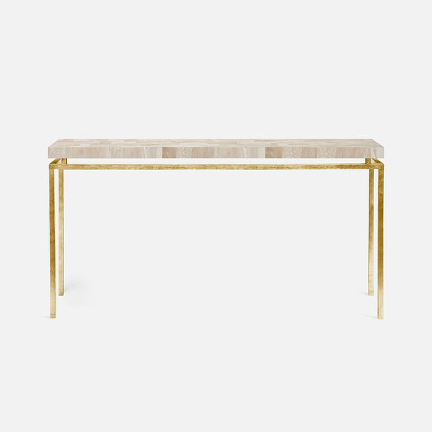 Made Goods Benjamin console table with gold steel frame and natural fossilized stone top, showcasing elegant craftsmanship and modern design.