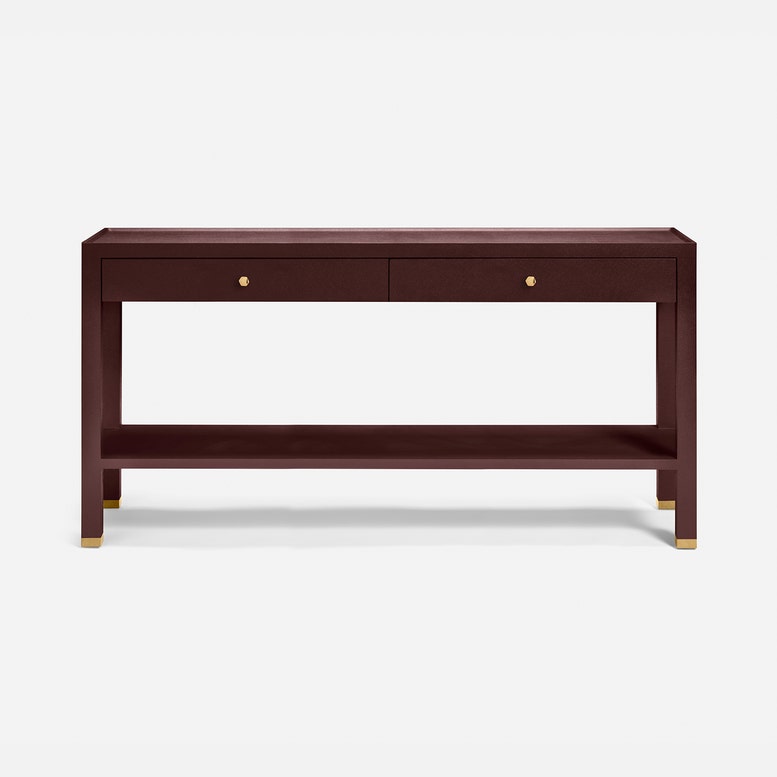 Made Goods Jarin Console Table in 60-inch oxblood faux Belgian linen with sleek design and sturdy construction.