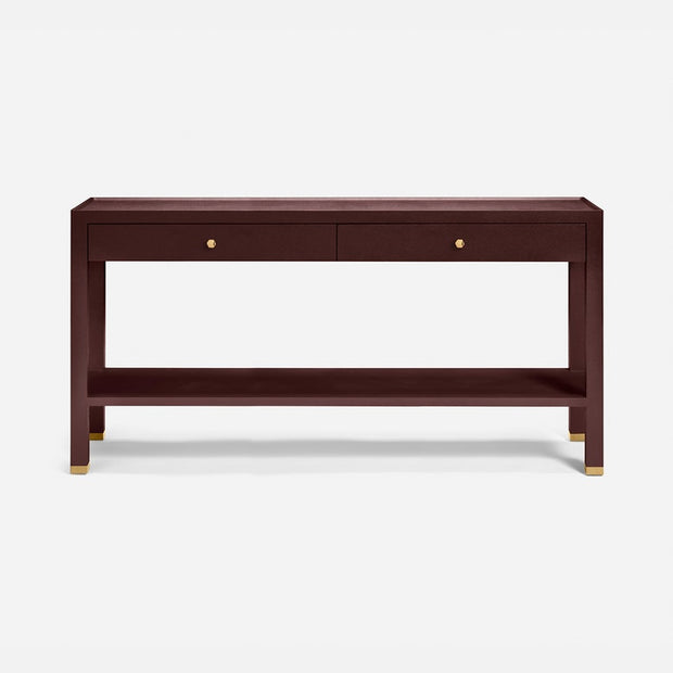 Made Goods Jarin Console Table in 60-inch oxblood faux Belgian linen with sleek design and sturdy construction.