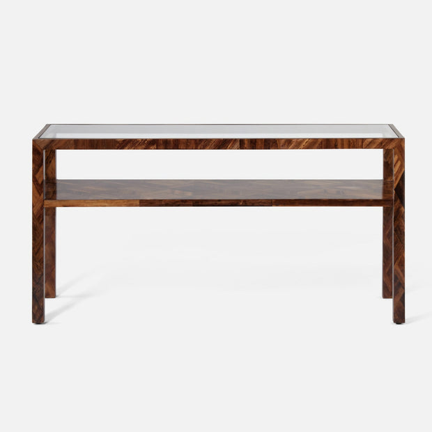 Made Goods Brindley Console Table with natural banana bark finish, showcasing its elegant design and smooth surface.