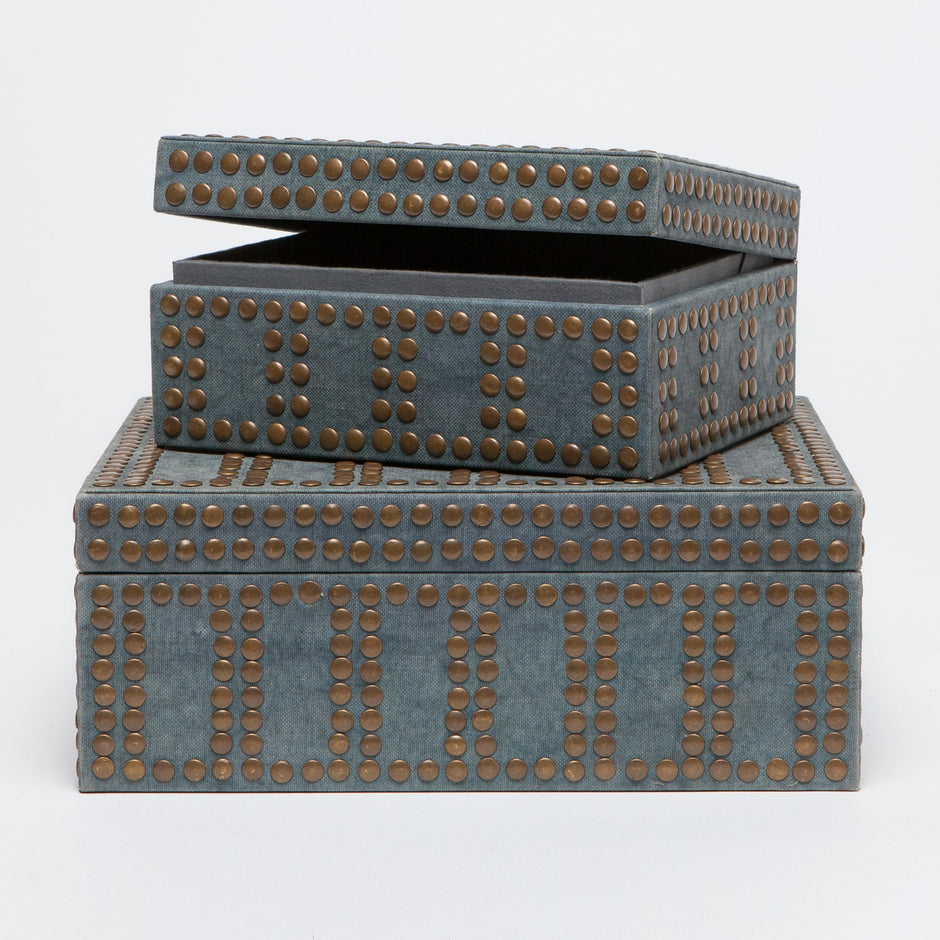 Set of two Made Goods Landon decorative boxes with intricate patterns and natural wood finish for stylish home decor.
