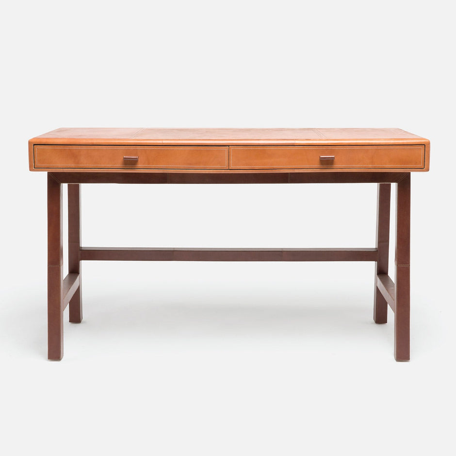 Aged camel tobacco Made Goods Kalman leather desk featuring a sleek wooden surface and sturdy leather accents.