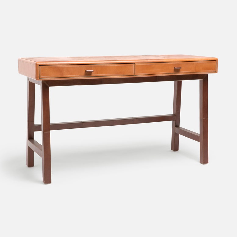 Made Goods Kalman leather desk in aged camel tobacco with smooth surface and sturdy wooden legs, stylish office furniture.