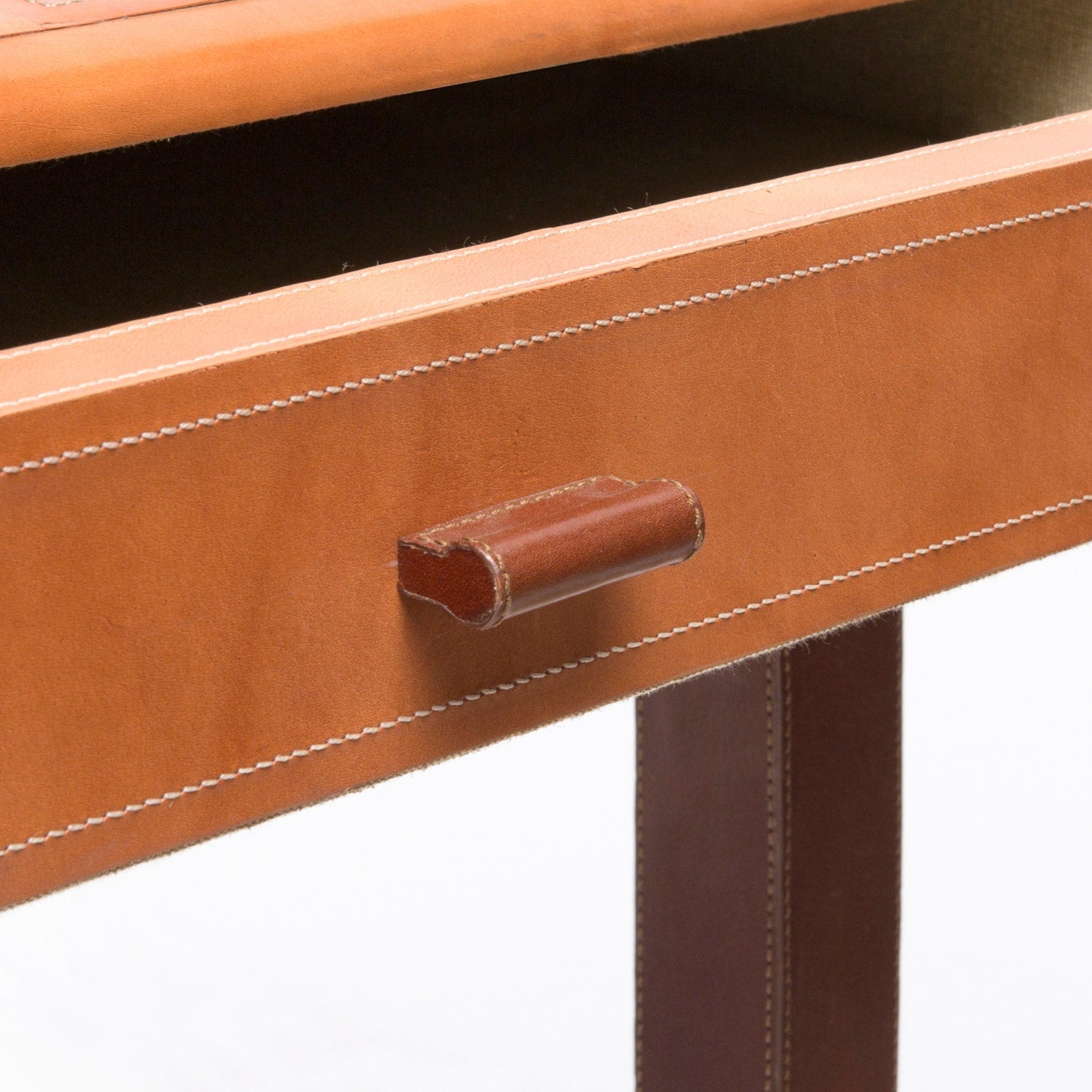 Made Goods Kalman Leather Desk in aged camel tobacco color, featuring a sleek modern design with leather and wood details.