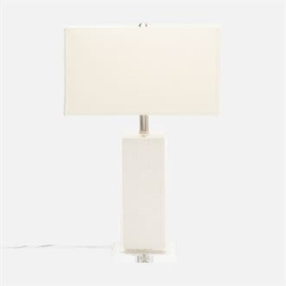 A contemporary table lamp with a woven jute column, resin finish, and a crystal base, topped with a white rectangular lampshade.
