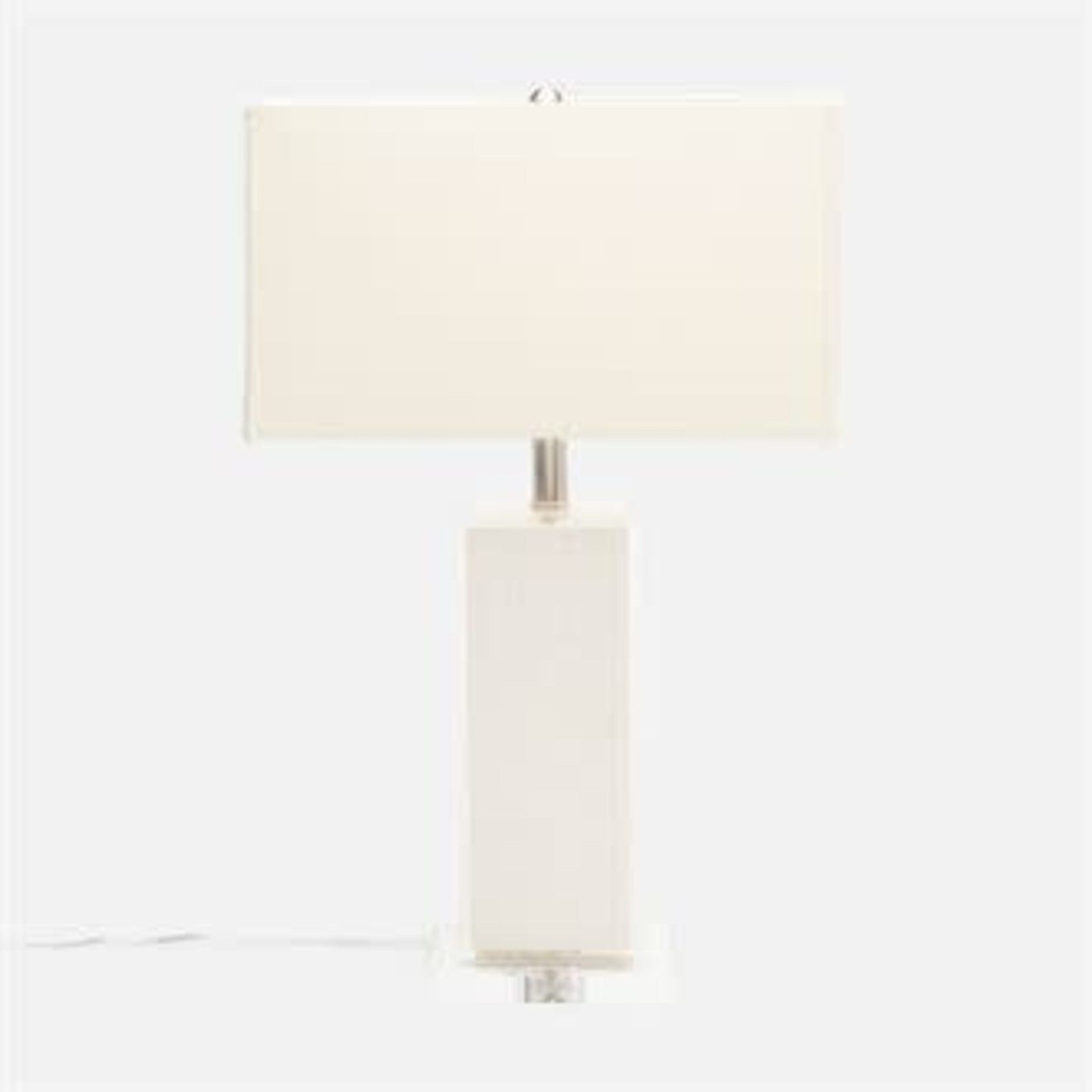 A contemporary table lamp with a woven jute column, resin finish, and a crystal base, topped with a white rectangular lampshade.