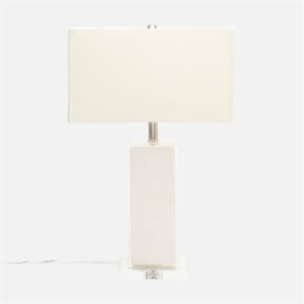 A contemporary table lamp with a woven jute column, resin finish, and a crystal base, topped with a white rectangular lampshade.