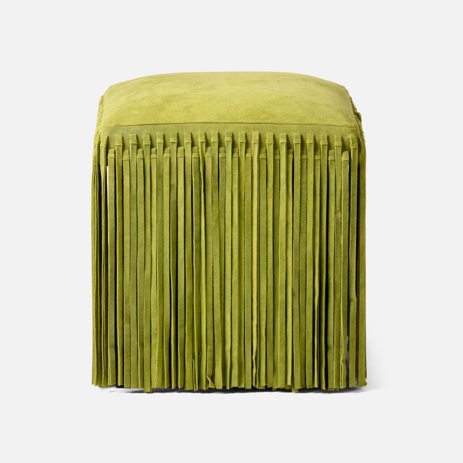 Made Goods Hallie Stool with plush fur upholstery and wooden legs, modern accent piece for living room or bedroom decor.