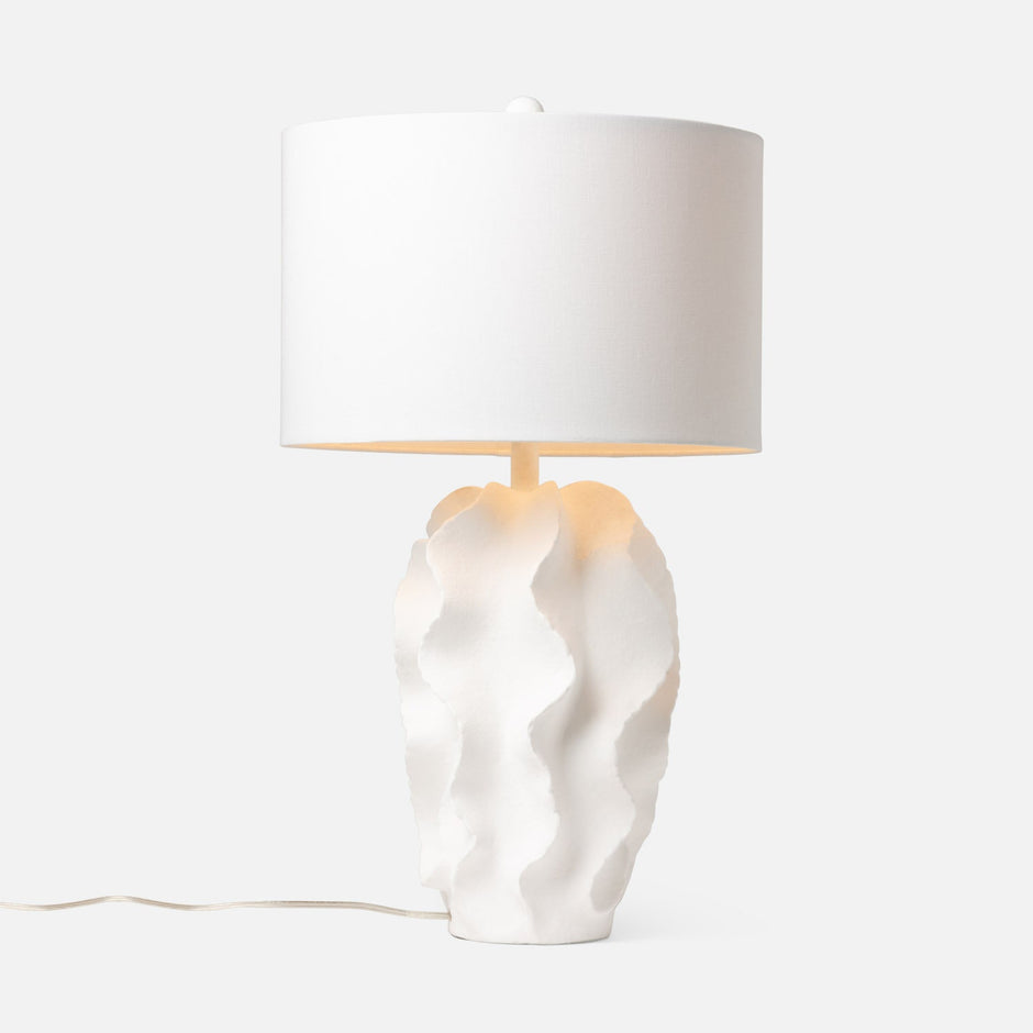 Made Goods Bethany table lamp with matte white finish, modern design, and sleek cylindrical shape.