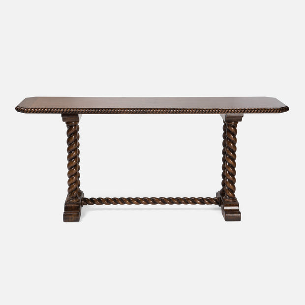 Wooden console table with twisted legs on a white background