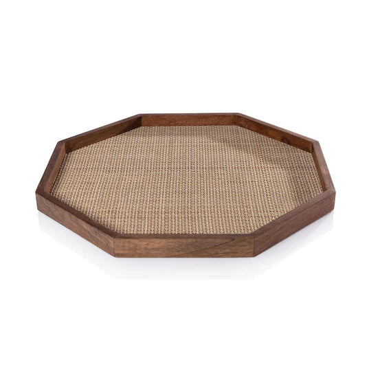 Mango Wood + Rattan Octagonal Tray Large - Maaribu
