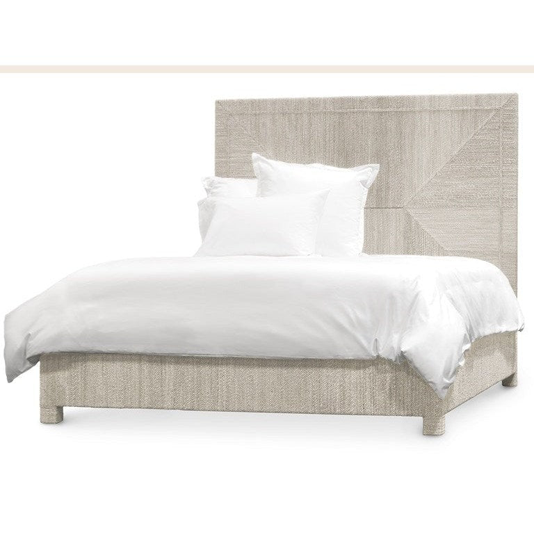 Palecek Woodside Queen Bed in White Sand with sleek wooden frame and modern design, shown in a cozy bedroom setting.
