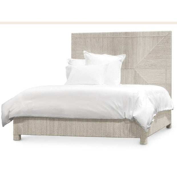 Palecek Woodside Queen Bed in White Sand with sleek wooden frame and modern design, shown in a cozy bedroom setting.