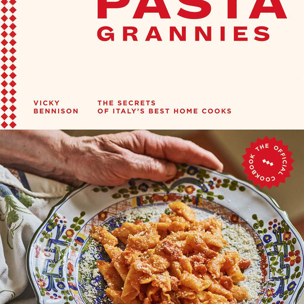 Book cover of 'Pasta Grannies' with a hand holding a plate of pasta.
