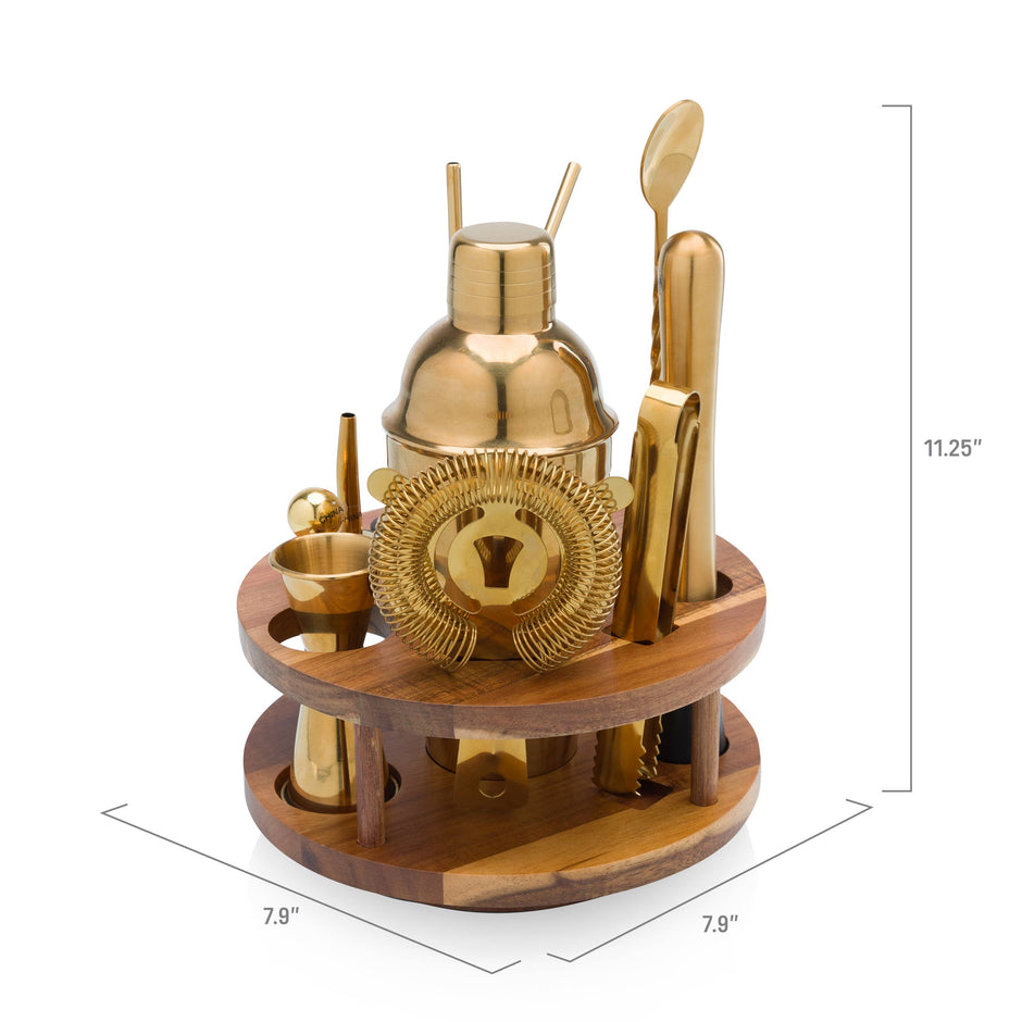 Carousel Lazy Susan bar set from Picnic Time Family of Brands, featuring rotating drink and snack compartments for bar accessories.