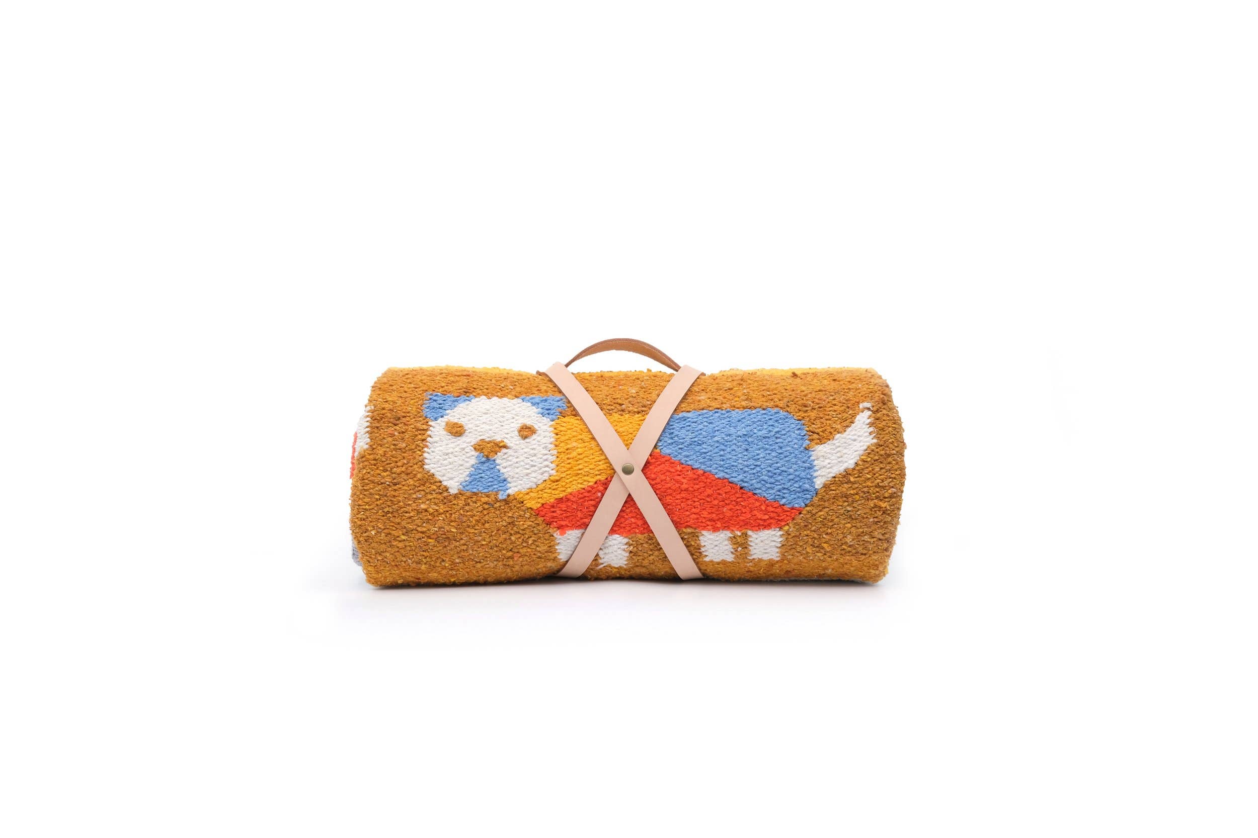 Rolled-up rug with a dog design on a white background