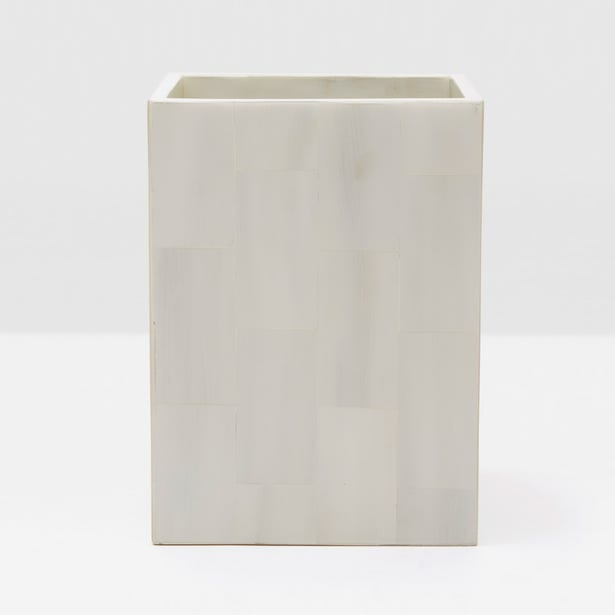 White horn-shaped Pigeon & Poodle Arles wastebasket, sleek bath accessory with modern design, ideal for bathroom organization.