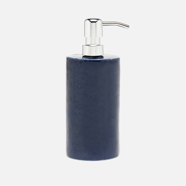 Pigeon & Poodle Cordoba navy soap pump for bath accessories, featuring a sleek ceramic design with a pump dispenser.