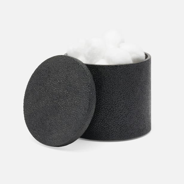 Black Pigeon & Poodle Manchester Round Canister with realistic faux shagreen texture, used as a stylish bath accessory.