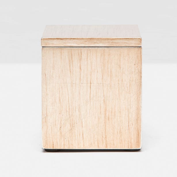 Pigeon & Poodle Tanlay square canister with lacquered silver leaf finish, part of bath accessories set, showcasing elegant design.