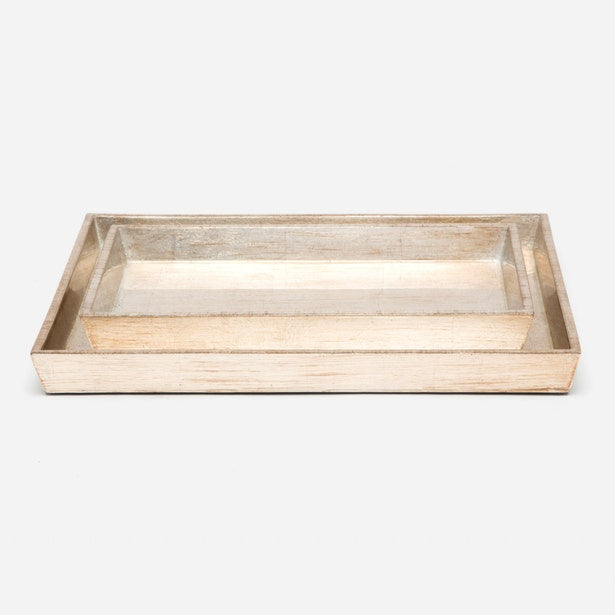 Set of two Pigeon & Poodle Tanlay lacquered silver leaf bath trays with elegant design, perfect for organizing bathroom accessories.