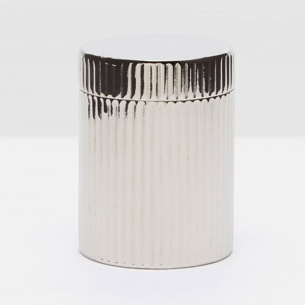 Shiny nickel Pigeon & Poodle Redon 3x4 canister from bath accessories collection, featuring a sleek, modern design.
