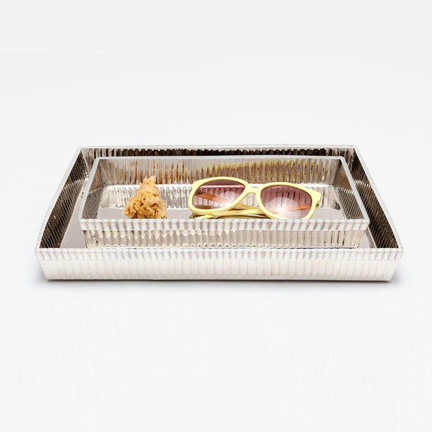 Set of two Pigeon & Poodle Redon nested trays for bath accessories in shiny nickel finish, stylish and functional bathroom decor.