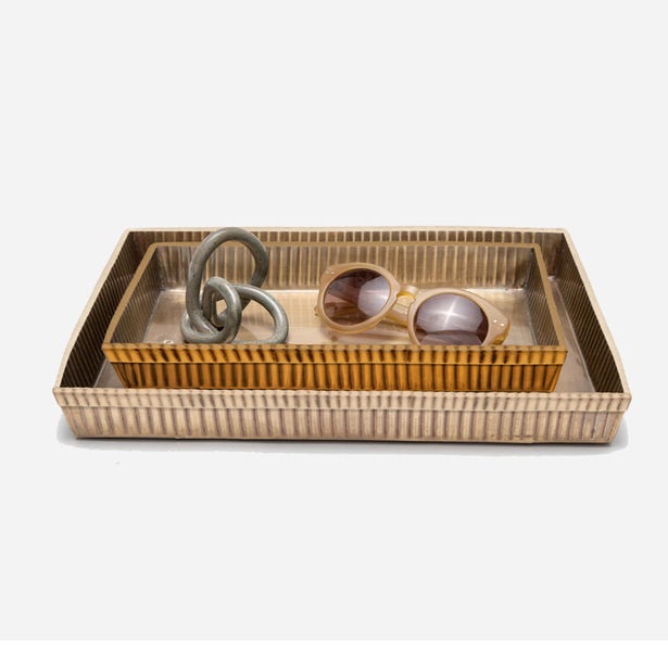 Set of two Pigeon & Poodle Redon nested trays for bath accessories in shiny nickel finish.