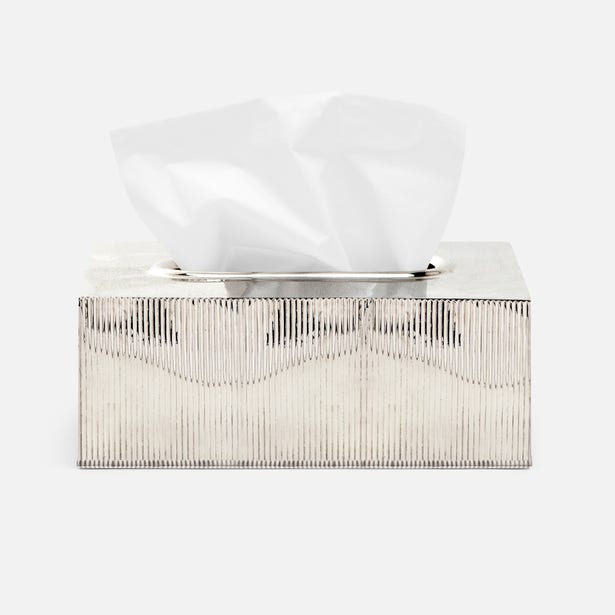 Shiny nickel Pigeon & Poodle Redon rectangle tissue box for bath accessories, with a sleek, modern design.