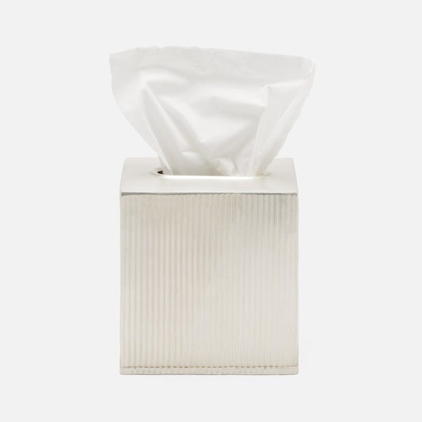 Shiny nickel Pigeon & Poodle Redon square tissue box for bath accessories, featuring a sleek, modern design and square shape.