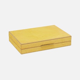 Pigeon & Poodle Castelo card box made of goldenrod hair on hide, designed for storing playing cards, with a luxurious textured finish.