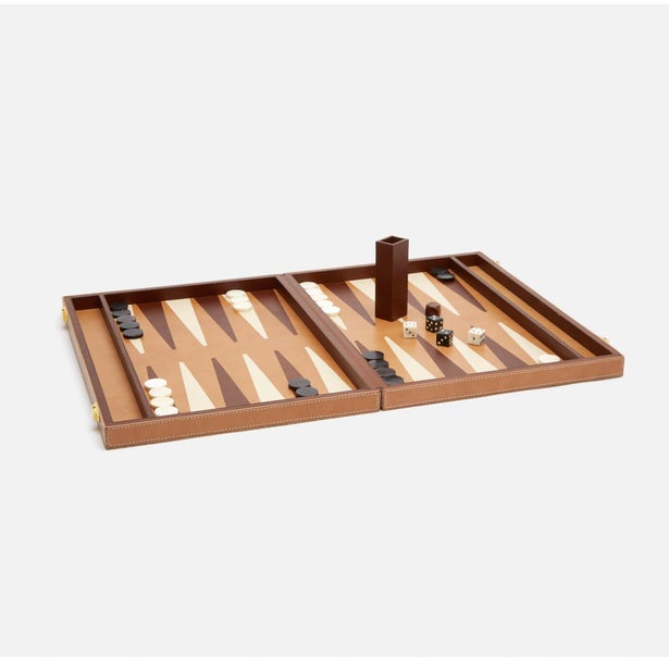 Small Pigeon & Poodle Grantham Backgammon Set in beige and camel leather with game pieces, perfect for travel or casual play.