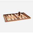 Small Pigeon & Poodle Grantham Backgammon Set in beige and camel leather with game pieces, perfect for travel or casual play.
